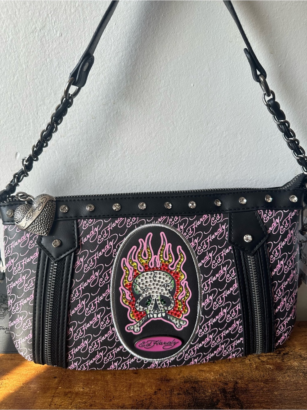 Ed Hardy Black & Pink Shoulder Bag w/ Rhinestone Studs & Flame Skull NWT